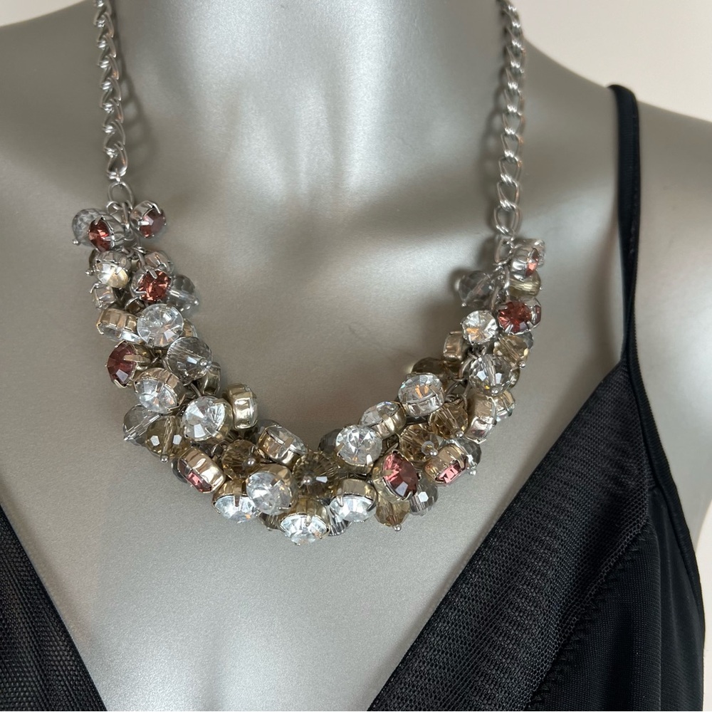 Multiple crystal layered necklace w/ gold, gray & clear stones. Silver chain 18” - Picture 1 of 4